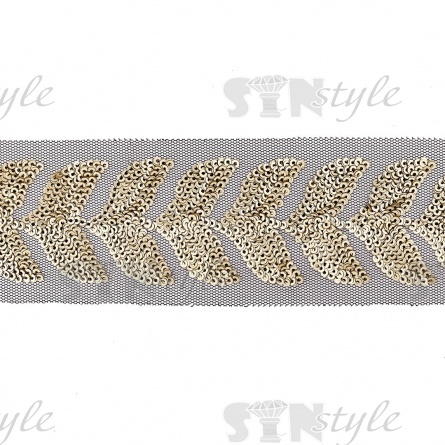 Тесьма отделочная на черной сетке, расшитая золотыми пайетками, ширина 50 мм, намотка 20 ярдов  фото 2