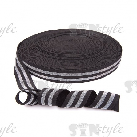 Резинка декоративная, ширина 40 мм, цвет черный+серебряный, намотка 50 метров фото 1