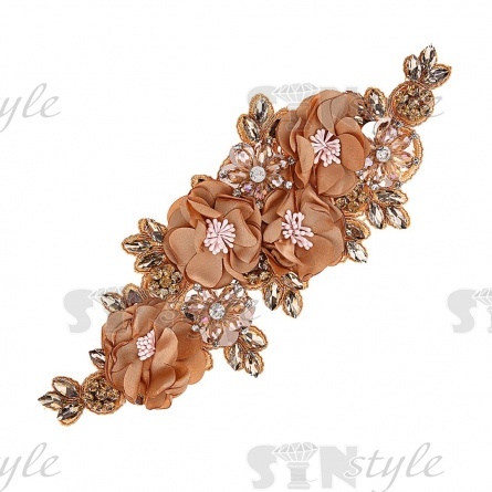 Пришивная аппликация на сетке, расшитая объемными цветами и стразами, размер 100х270 мм, цвет бронзовый фото 1