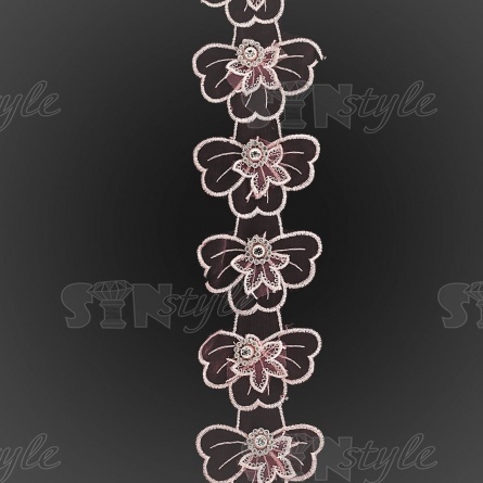 Кружево "Бантики" на капроновой ленте со стразами, ширина 65 мм, цвет розовый, намотка 15 ярдов фото 2