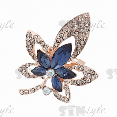 Брошь металлическая со стразами, застежка булавка, цвет золото+белый+синий, размер 38х48 мм фото 1