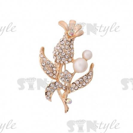 Брошь металлическая со стразами, застежка булавка, цвет золото+белые стразы+белые бусины, размер 33х54 мм фото 1