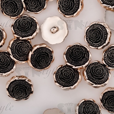 Пуговица пластиковая на ножке, размер 40L, форма цветка, основа золотая, шляпка черная фото 3