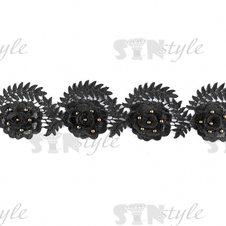 Кружево ажурное с отделкой, объемные пушистые розы в обрамлении листочков усыпаны бусинами, словно капельками росы, ширина 95 мм, намотка 15 ярдов, цвет черный фото 1