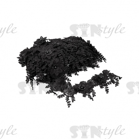 Кружево "Цветочное", на тонкой ажурной основе россыпь объемных цветов с бусиной в середине цветка, ширина 85 мм, цвет черный, намотка 10 ярдов фото 3