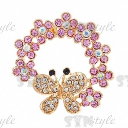 Брошь со стразами  размер 40х40 мм, цвет золото+стразы белые и розовые, застежка булавка фото 1