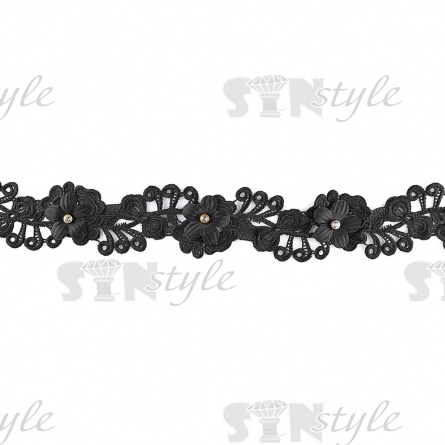 Кружево ажурное с цветочным орнаментом и стразой в центре цветка, ширина 70 мм, намотка 15 ярдов, цвет черный фото 1