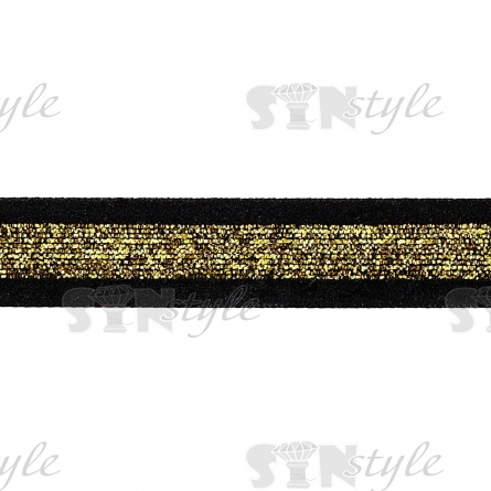 Лента бархатная с люрексом, ширина 15 мм, цвет черный+золотой, намотка 25 ярдов фото 2