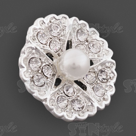 Пуговица металлическая на ножке, размер 32L, цвет серебряный+белые стразы и бусина фото 2