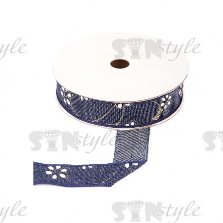 Джинсовая лента с цветочным принтом голубого цвета, ширина 25 мм, намотка 20 ярдов фото 1