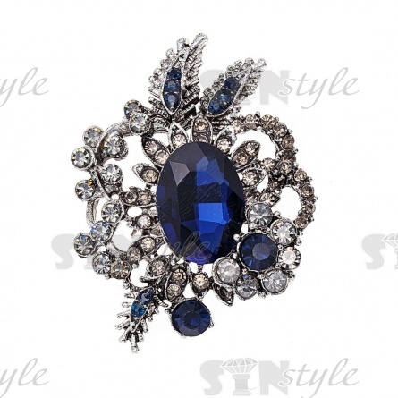 Брошь со стразами, размер 35х48 мм, цвет темный никель+стразы+темно-синие стразы, застежка булавка фото 1