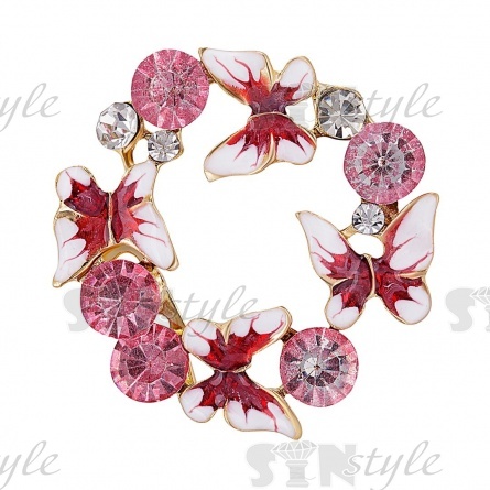 Брошь со стразами, размер 40х40 мм, цвет золото+стразы белые/розовые+эмаль белая с розовым, застежка булавка фото 1