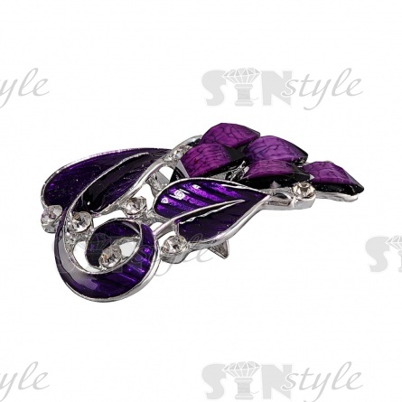 Брошь металлическая, застежка булавка, размер 32х45 мм, цвет серебряный+фиолетовая эмаль+белые стразы фото 2