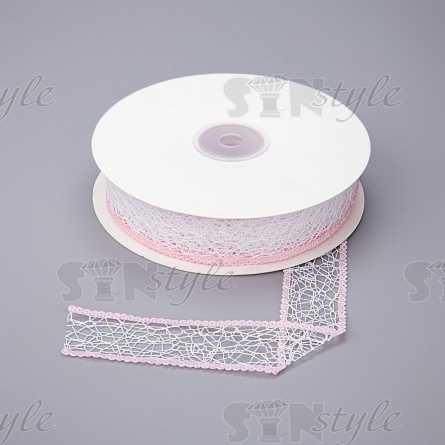 Декоративная лента капроновая "паутинка", ширина 25 мм, цвет белый с розовым, намотка 25 ярдов фото 1
