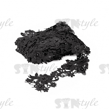 Кружево "Цветочное", воздушная цветочная гирлянда с бусиной в центре каждого цветка, ширина 85 мм, намотка 10 ярдов, цвет черный фото 3