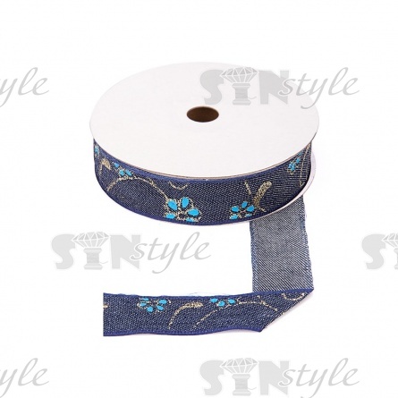 Джинсовая лента с цветочным принтом голубого цвета, ширина 25 мм, намотка 20 ярдов фото 1