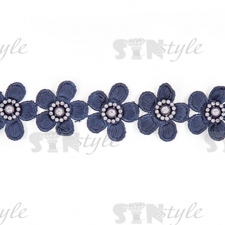Кружево Цветочное, красивая цветочная гирлянда с белой стразой в середине цветка, ирина 40 мм, намотка 15 ярдов, цвет темно-синий  фото 2