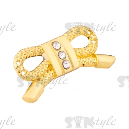 Декоративное украшение пришивное металлическое, цвет золотой+белые стразы, размер 30х15 мм фото 2