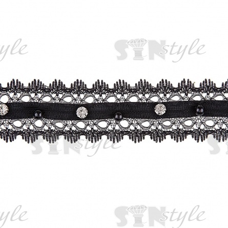 Кружево ажурное с отделкой стразами, ширина 35 мм, цвет черный, намотка 10 ярдов фото 1