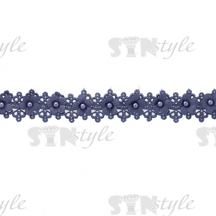 Кружево ажурное с цветами и бусинами, ширина 30 мм, намотка 10 ярдов, цвет темно-синий (№120) фото 2