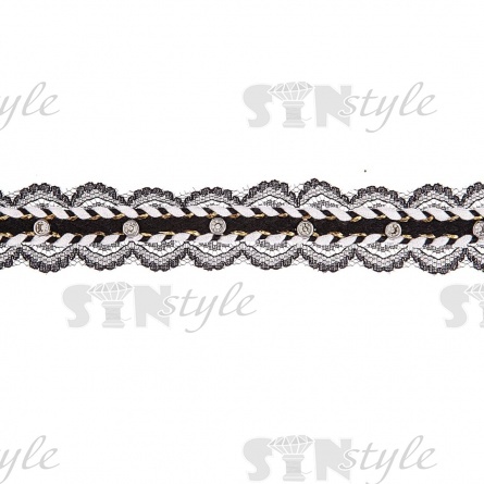 Тонкое черное кружево, украшенное черным и белым шнуром, с люрексом и стразами, ширина 30 мм, намотка 15 ярдов  фото 2