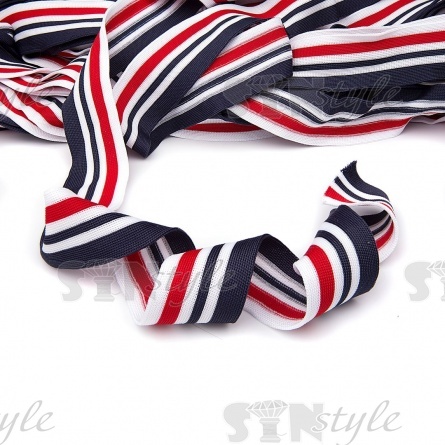 Тесьма трикотажная (лампасная), ширина 40 мм, цвет темно-синий/белый/красный, намотка 70 метров фото 1