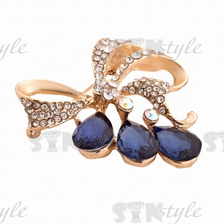 Брошь металлическая со стразами, застежка булавка, 40х43 мм, цвет золотой+белые и темно-синие стразы фото 2