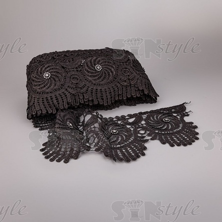 Кружево ажурное, украшенное стразами, ширина 120 мм, намотка 15 ярдов, цвет черный  фото 3