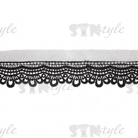 Кружево ажурное на сетке с отделкой стразами, ширина 40 мм, цвет черный, стразы белые, намотка 15 ярдов фото 3