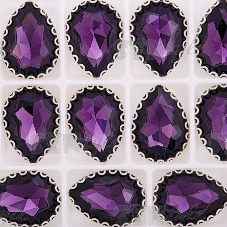 Стразы пришивные, стеклянные в оправе, форма капля, цвет серебро+фиолетовый, размер 13х18 мм фото 3