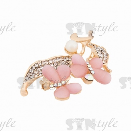 Брошь металлическая со стразами, застежка булавка,цвет золотой+белые/розовые стразы+белая бусина, размер 30х57 мм фото 2