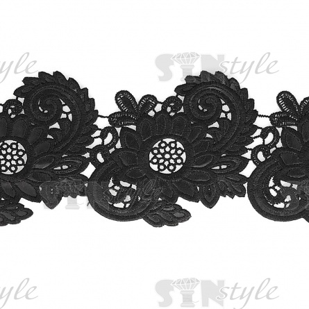 Кружево кожаное, нежная цветочная  гирлянда в обрамлении листьев и причудливых узоров, ширина 110 мм, намотка 10 ярдов, цвет черный фото 2