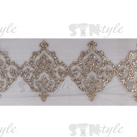 Кружево на черной сетке с золотым глиттером, ширина 135 мм, намотка 15 ярдов фото 1