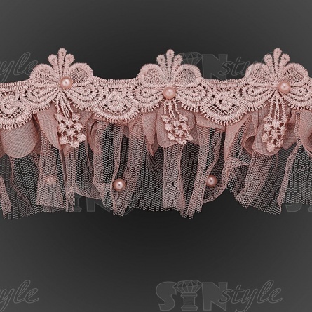 Сборка из сетки, задекорированная ажурным кружевом и бусинами в цвет кружева, ширина 70 мм, цвет грязно-розовый, намотка 10 ярдов  фото 1