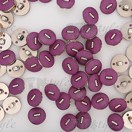 Пуговица пластиковая на ножке круглой формы, золотая основа с фиолетовой шляпкой, 28L фото 3