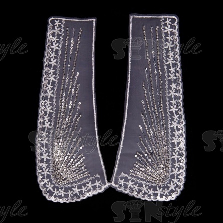 Воротник пришивной из тонкого капрона с вышивкой, расшитой микробисером и пайетками, размер 240х90 мм фото 1