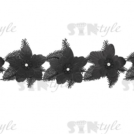 Кружево "Цветочное", нежная цветочная гирлянда из объемных цветов с белой стразой в середине цветка, ширина 80 мм, намотка 10 ярдов, цвет черный фото 3