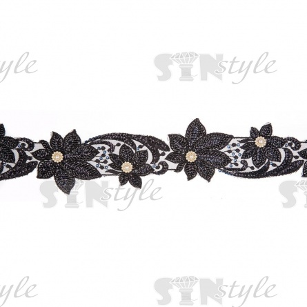 Кружево на сетке с цветочным орнаментом, расшитое пайетками, микробисером и стразами, ширина 100 мм, цвет черный, намотка 10 ярдов  фото 2