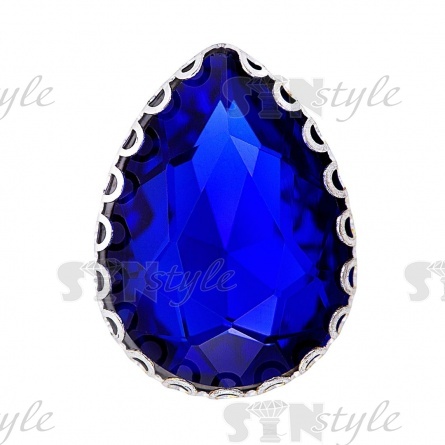 Стразы пришивные, стеклянные в оправе, форма капля, цвет серебро+синий, размер 13х18 мм фото 1