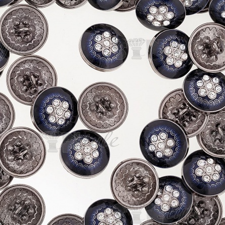 Пуговица металлическая  на ножке, размер 28 L, цвет темно-синий+белые стразы фото 3