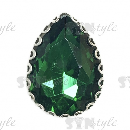 Стразы пришивные стеклянные в оправе, форма капля, цвет серебро+зеленый, размер 13х18 мм фото 1