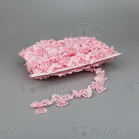 Цветочки из капроновой ленты, нежная цветочная гирлянда с бусиной в центре цветка, ширина 43 мм, намотка 15 ярдов, цвет розовый  фото 1