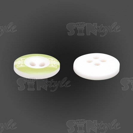 Пуговица пластиковая на четыре прокола, размер 24L, цвет белый с салатовым фото 3
