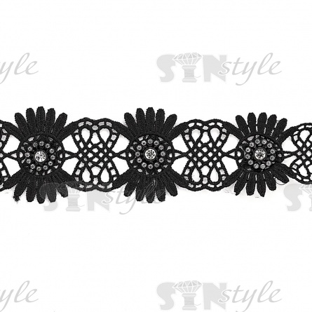 Кружево ажурное с отделкой, нежнейшее тонкое перепление гирлянды с цветочными мотивами со стразой в центре цветка, ширина 45 мм, намотка 10 ярдов, цвт черный фото 2