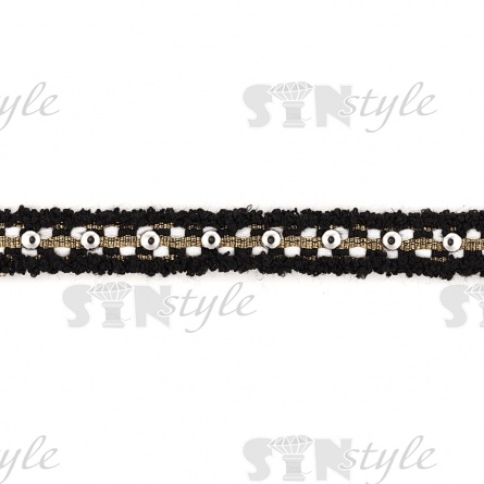 Тесьма букле, цвет черный с белым, отделана золотым люрексом и заклепками цвета никель, ширина 20 мм , намотка 15 ярдов фото 1