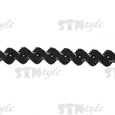 Кружево ажурное с отделкой, нежная цветочная гирлянда со стразой в центре каждого цветка и в обрамлении листьев по всей длине изделия, ширина 60 мм, намотка 10 ярдов, цвет черный фото 1