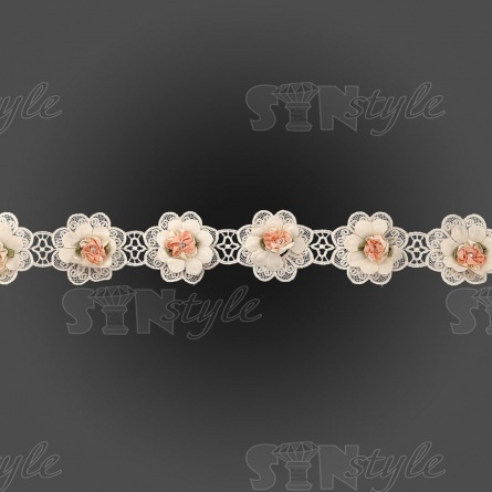 Кружево Цветочное, на тонкой ажурной основе россыпь объемных бутонов роз со стразой в середине каждого цветка, намотка 10 ярдов, ширина 6,0 см  фото 3