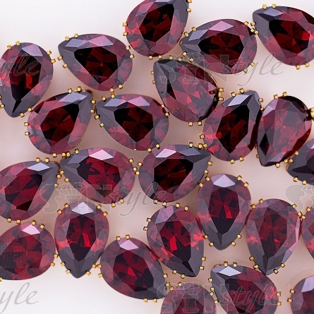 Стразы пришивные стеклянные в цапах, форма капля, цвет золото+бордовый, размер 13*18мм  фото 4