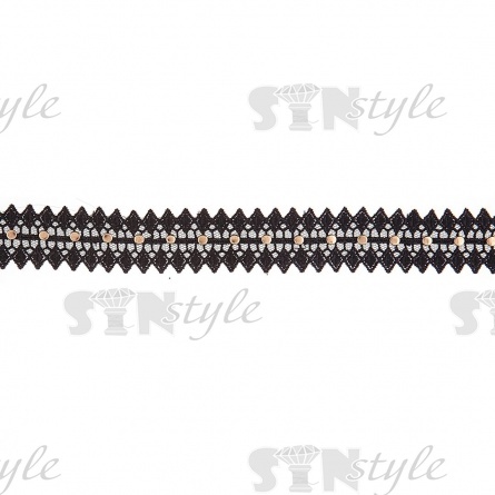 Тесьма с отделкой клепками, тонкая ажурная тесьма с клепками по всей длине изделия, ширина 35 мм, цвет черный/клепки золото, намотка 15 ярдов  фото 1