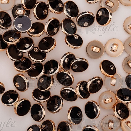 Пуговица пластиковая на ножке, размер 20L, золотая основа, черная шляпка с золотым цветком фото 3